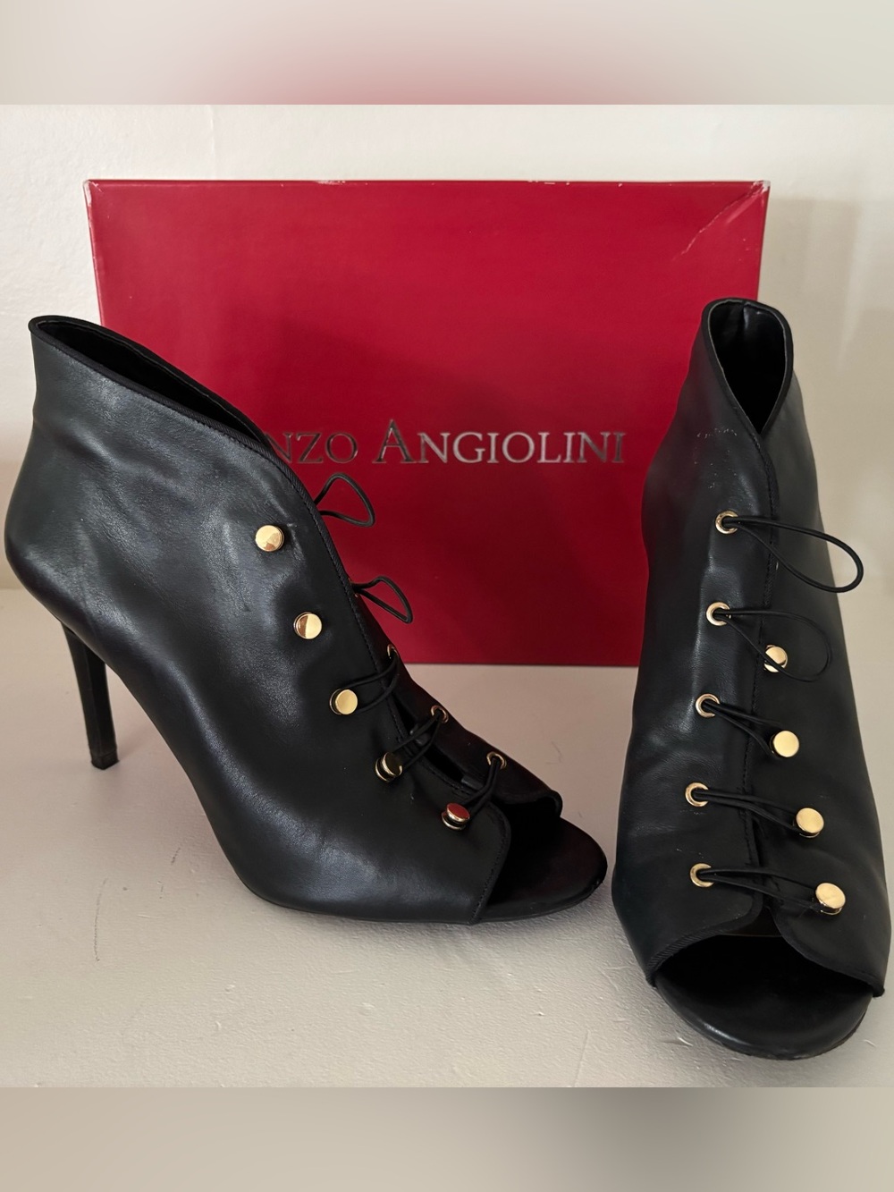 Enzo Angiolini Black Leather Lace-Up Peep-Toe Heels